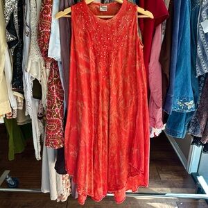 Advance Apparels Boho Rayon Handkerchief Hem Dress Red Orange Tie-Dye